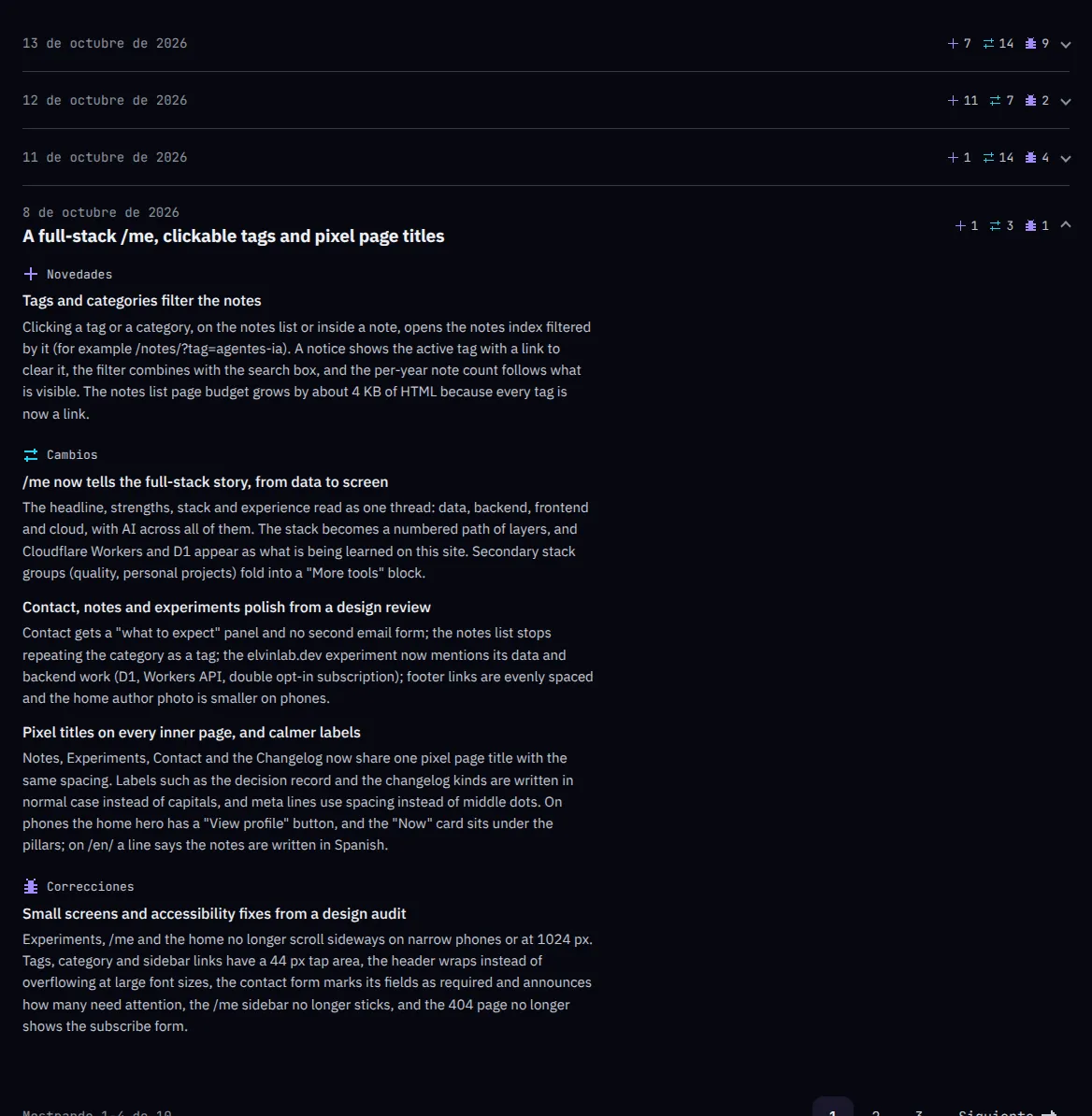 Changelog real del sitio: días de producción con contadores por categoría y un día abierto que muestra sus entradas.