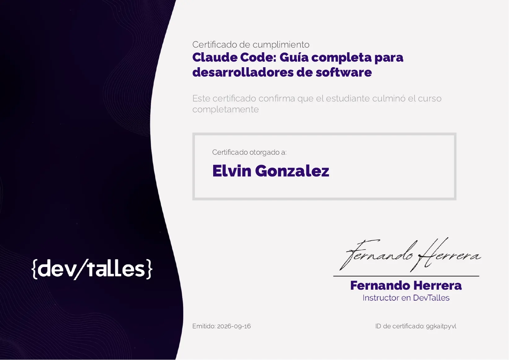 Certificado de cumplimiento de DevTalles de Claude Code: Guía completa, a nombre de Elvin Gonzalez, emitido el 16 de septiembre de 2026.