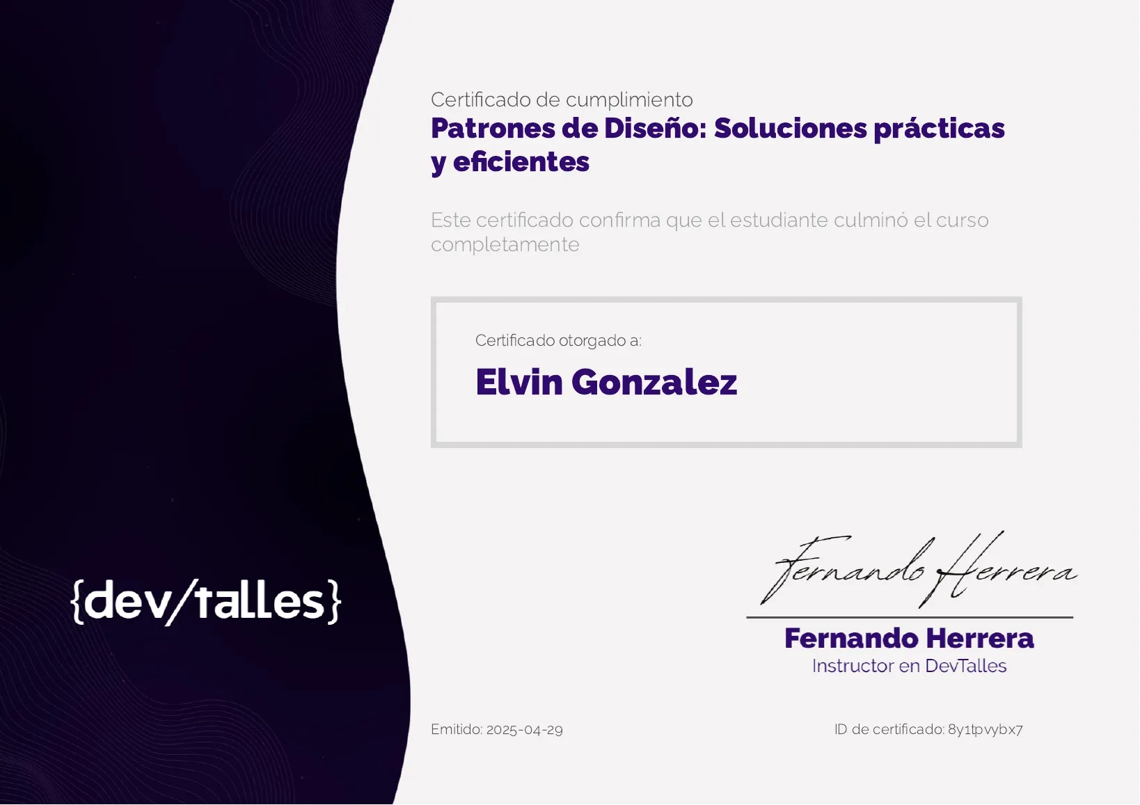 Certificado de cumplimiento de DevTalles de Patrones de Diseño, a nombre de Elvin Gonzalez, emitido el 29 de abril de 2025.
