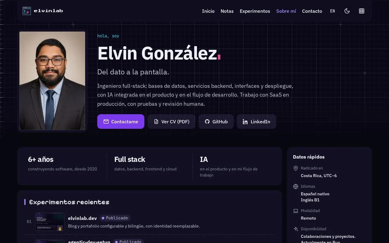 Captura de la página Sobre mí con foto, resumen y experimentos