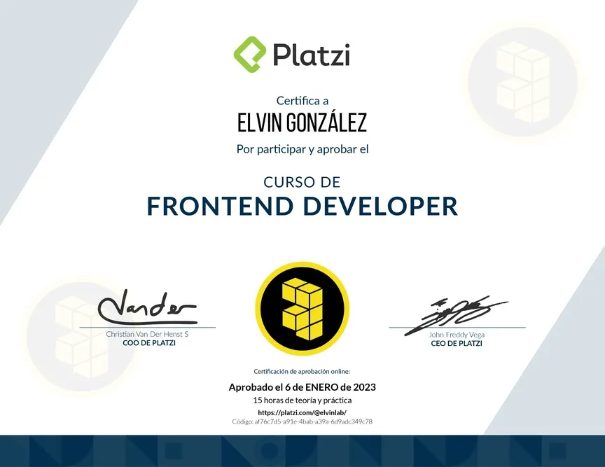 Diploma de Platzi del Curso de Frontend Developer, a nombre de Elvin González, aprobado el 6 de enero de 2023.